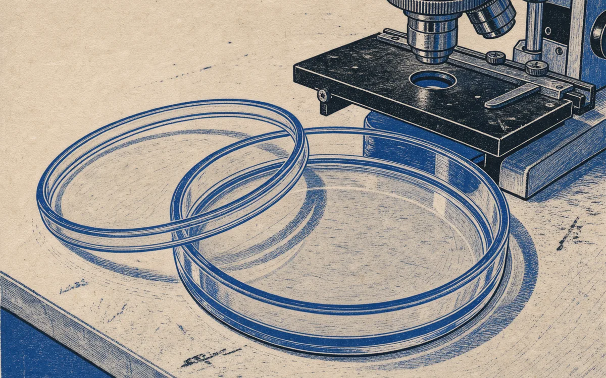 An open culture dish and its lid beside the stage of an inverted microscope