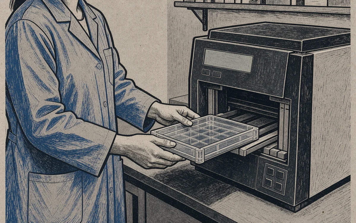 A technician placing a clear sample tray inside a laboratory analyzer