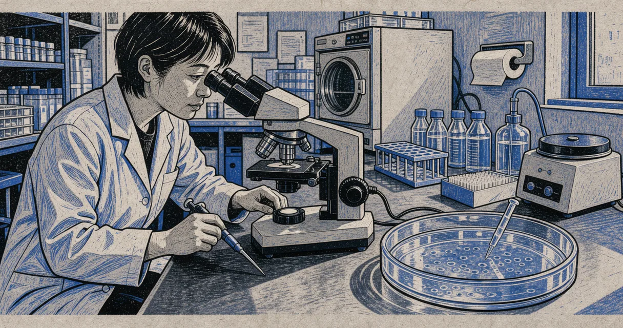 A technician examining a culture dish through an inverted microscope in a blue and black print illustration
