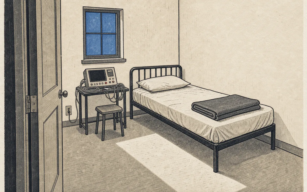 An empty bed with a folded blanket and a small recording console in a quiet sleep-observation room